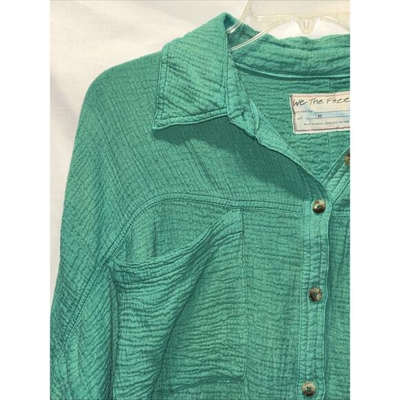 We The Free Medium Cardiff Cotton Gauze Shirt Green Oversized Lagenlook Raw Hem - Picture 2 of 12
